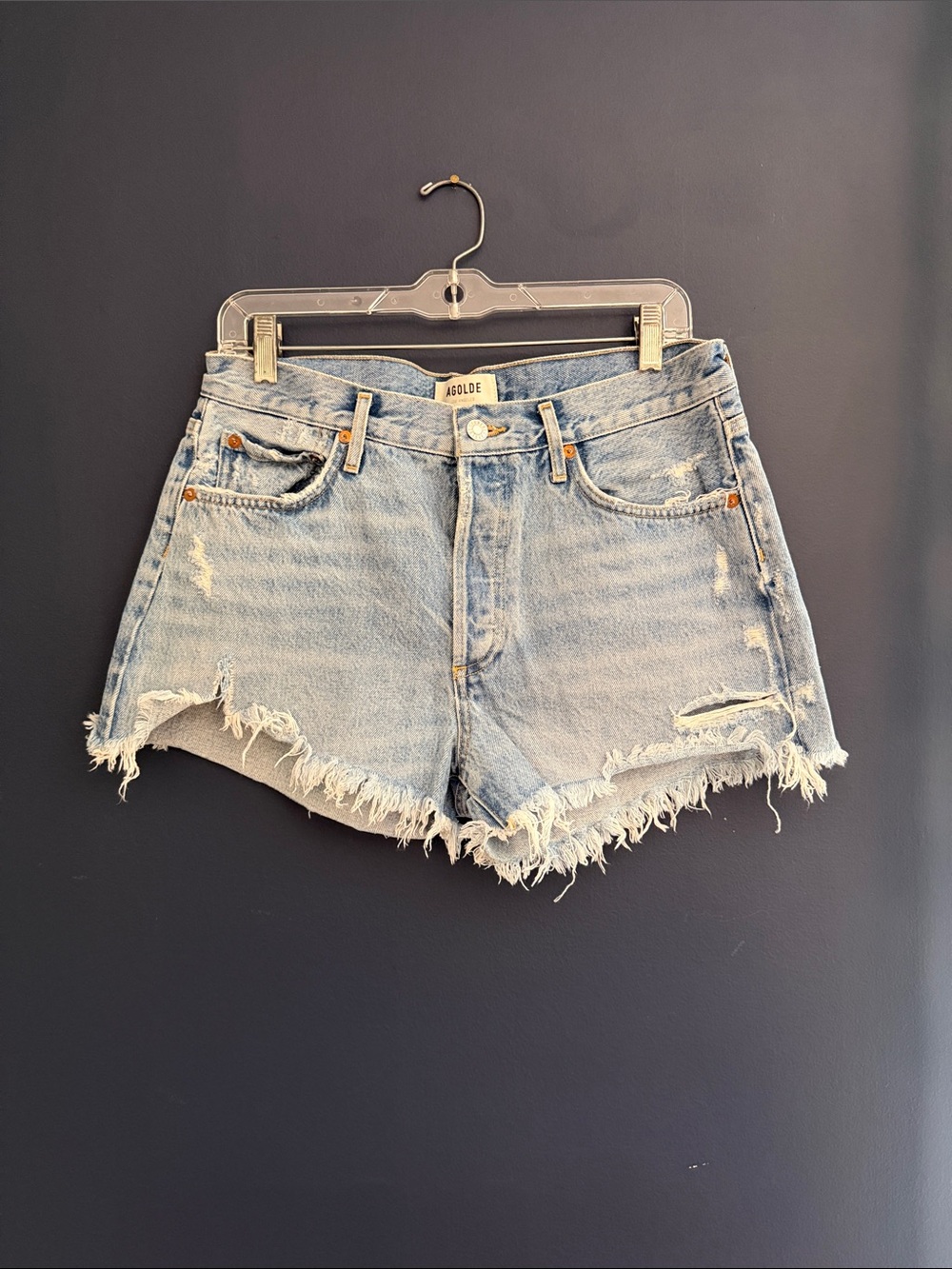 Agolde Light Wash Distressed Denim Jean Shorts